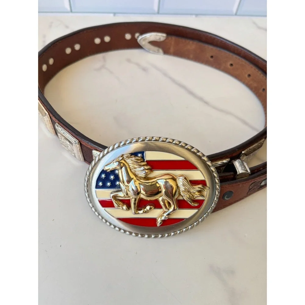Ranger Belt Western American‎ Flag Horse Belt Brown Leather Concho Tooled 34